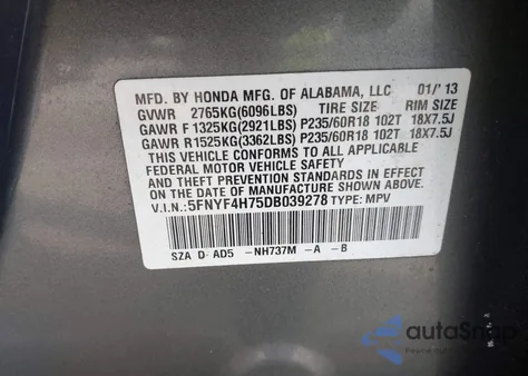 2013 Honda Pilot Ex-L from USA, damaged, VIN 5FNYF4H75DB039278